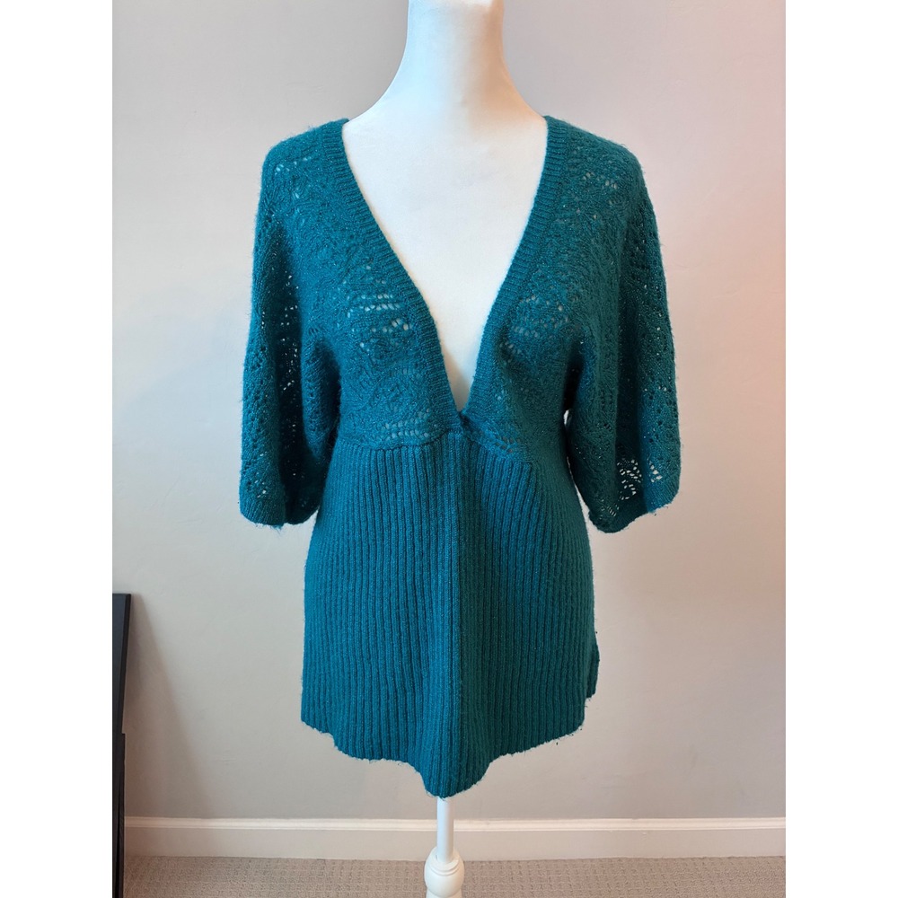 Teal Blue Metallic V-Neck Empire Waist Kimono Sleeve Gothic Romance Sweater L